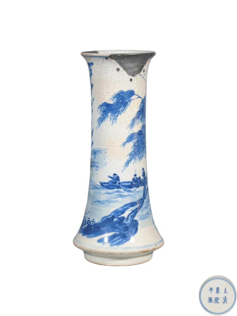    清晚期 煟瓷青花山水人物纹筒式花觚 - 图1