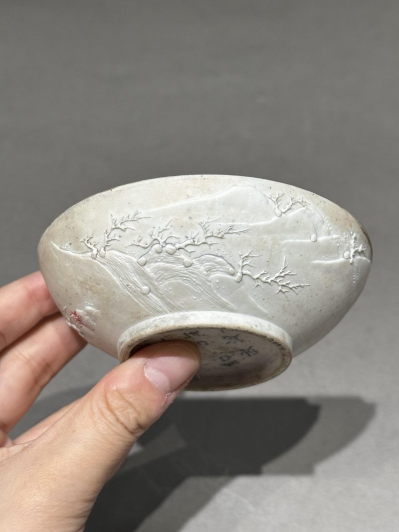    清晚期 素胎浮雕山水人物纹印泥盒 - 图6