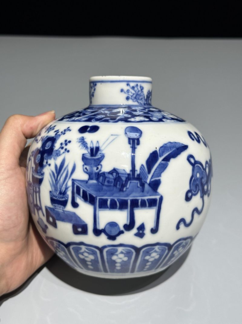    清光绪 青花博古纹花囊 - 图3