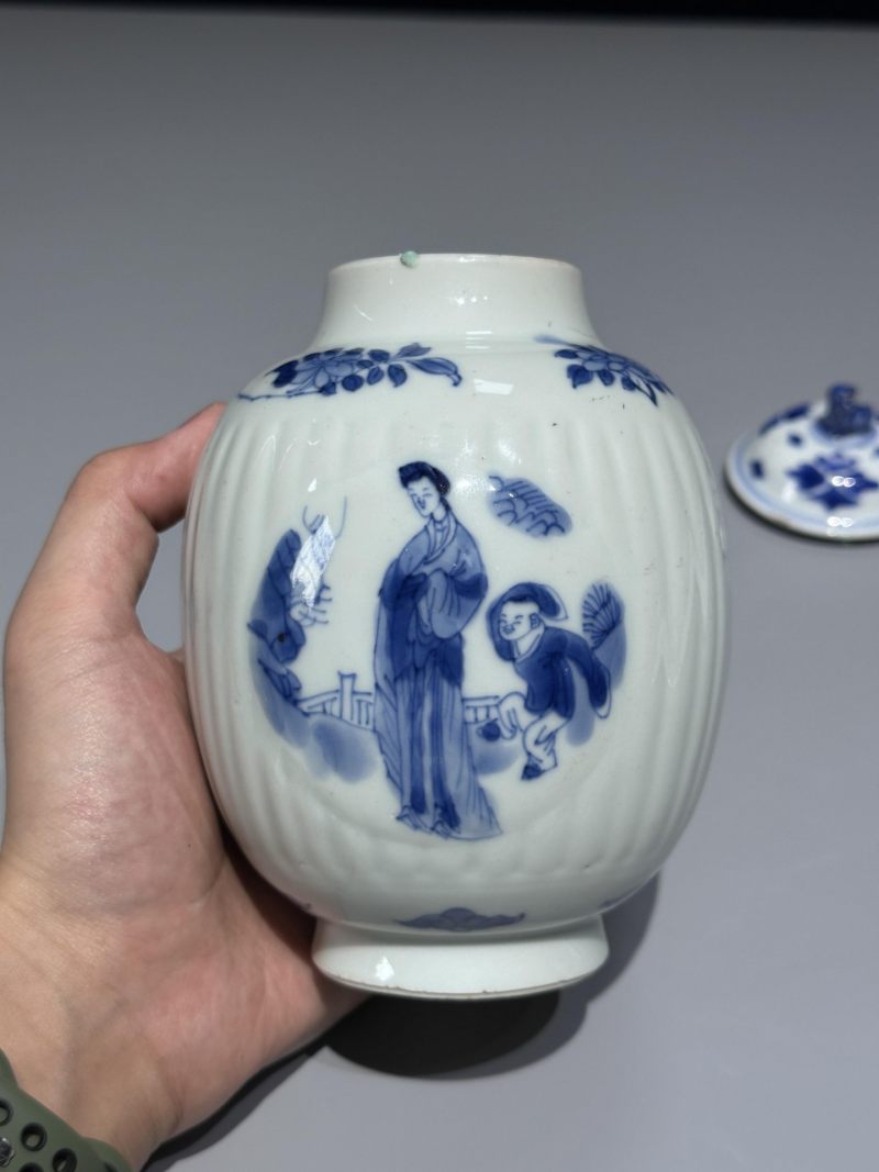    清康熙 青花教子图盖罐 - 图8