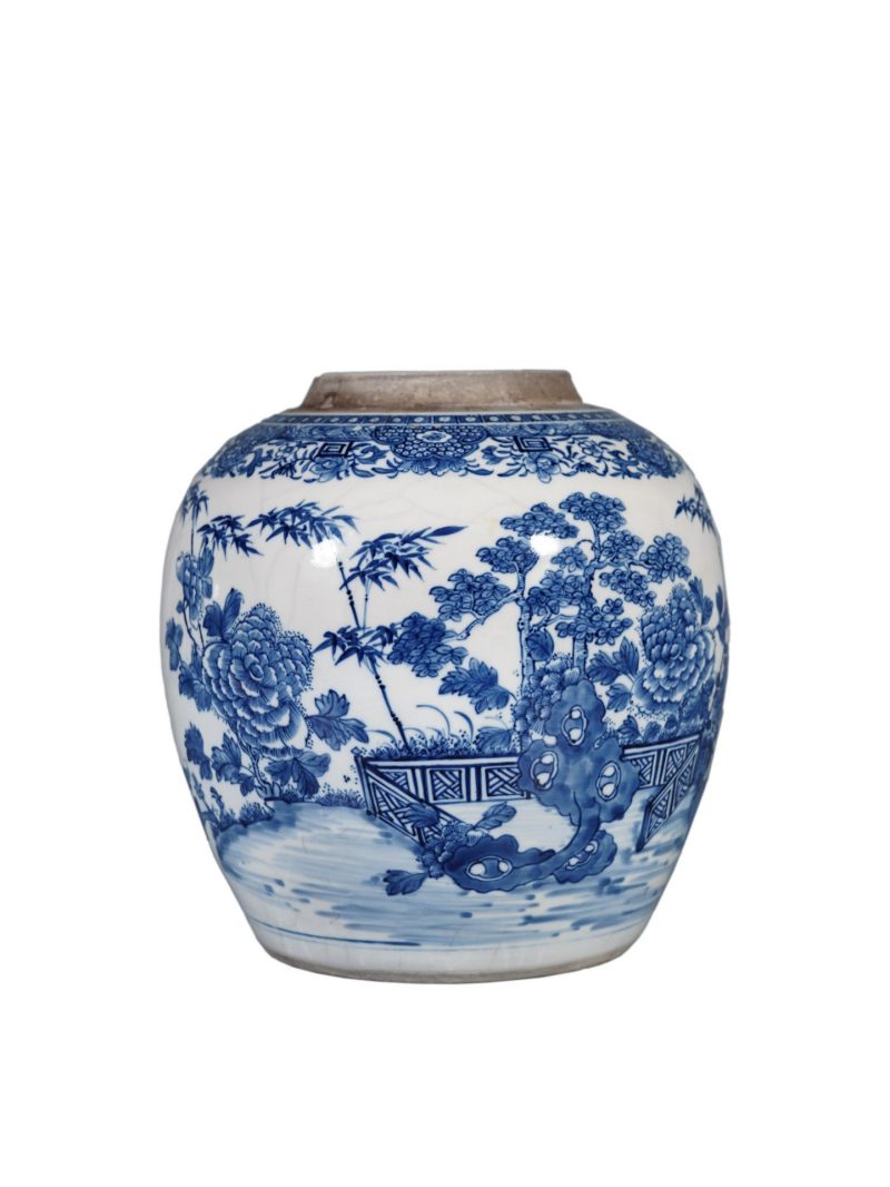    清雍正 浆胎青花松竹牡丹纹罐 - 图1