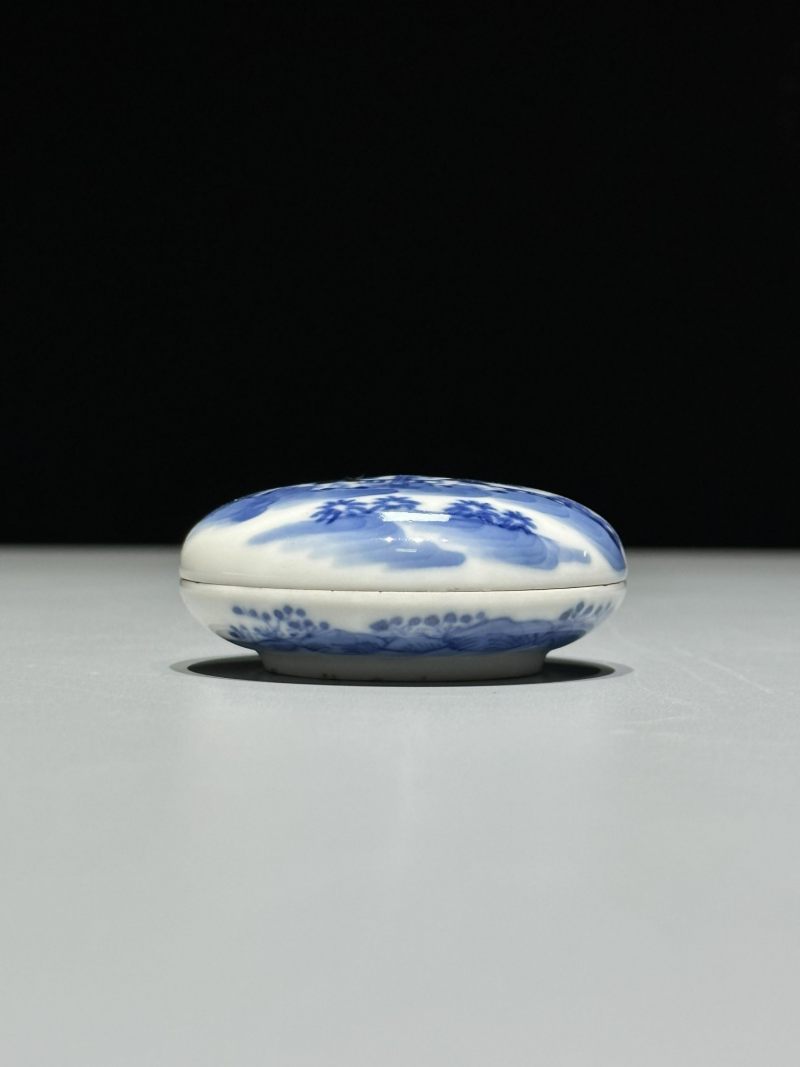    清光绪 青花庭院婴戏纹印泥盒 - 图2