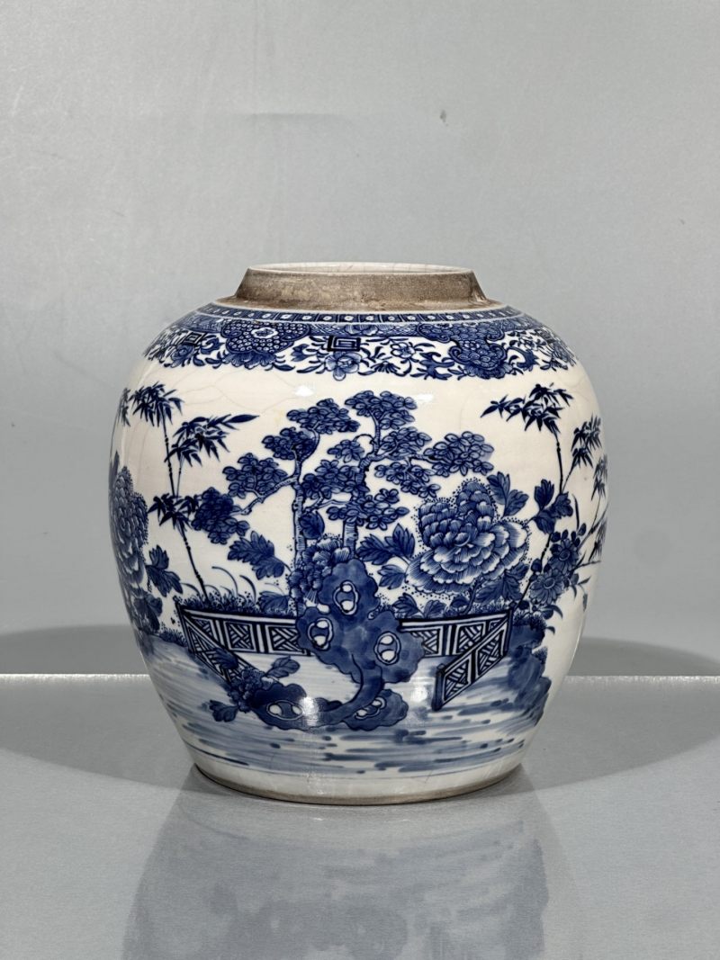    清雍正 浆胎青花松竹牡丹纹罐 - 图2