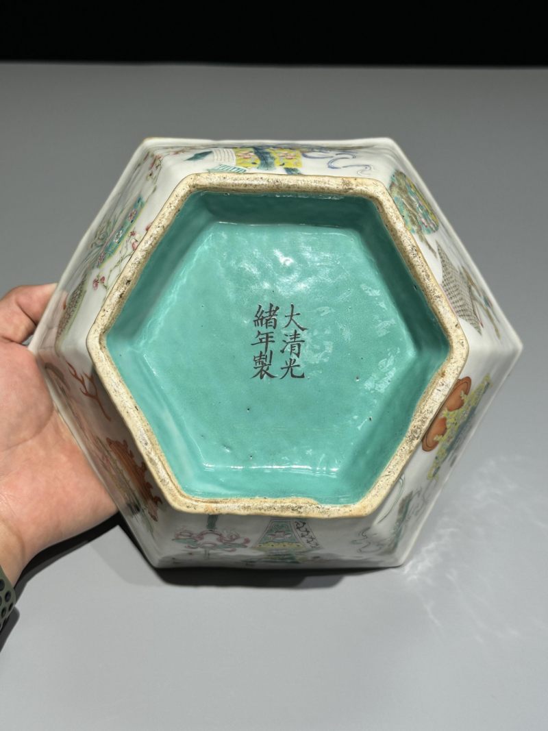    清光绪 粉彩博古纹六方供碗 - 图4