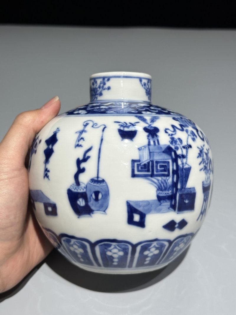    清光绪 青花博古纹花囊 - 图8