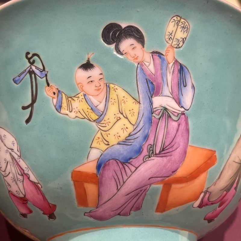 民国 松石绿地教子图碗 - 图11