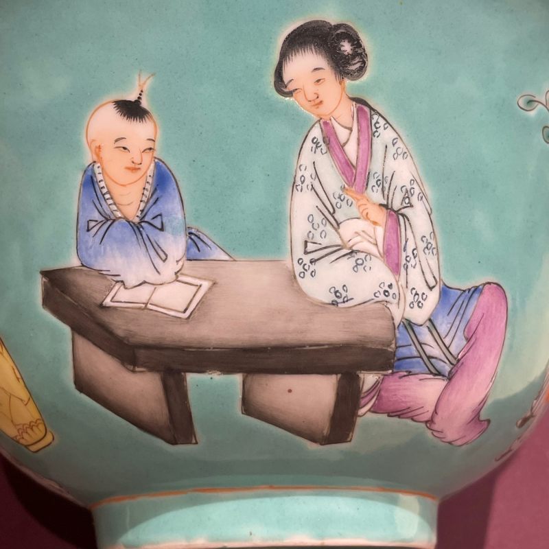 民国 松石绿地教子图碗 - 图13