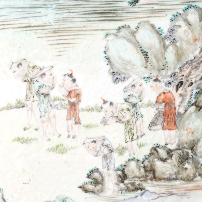 清光绪 浅绛彩山水人物纹插屏 - 图4