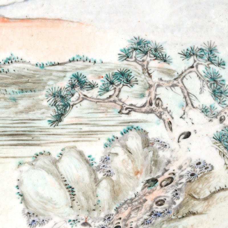 清光绪 浅绛彩山水人物纹插屏 - 图6