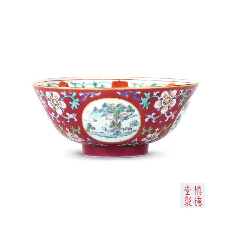 清道光 胭脂红地洋彩开光山水纹碗 - 图1