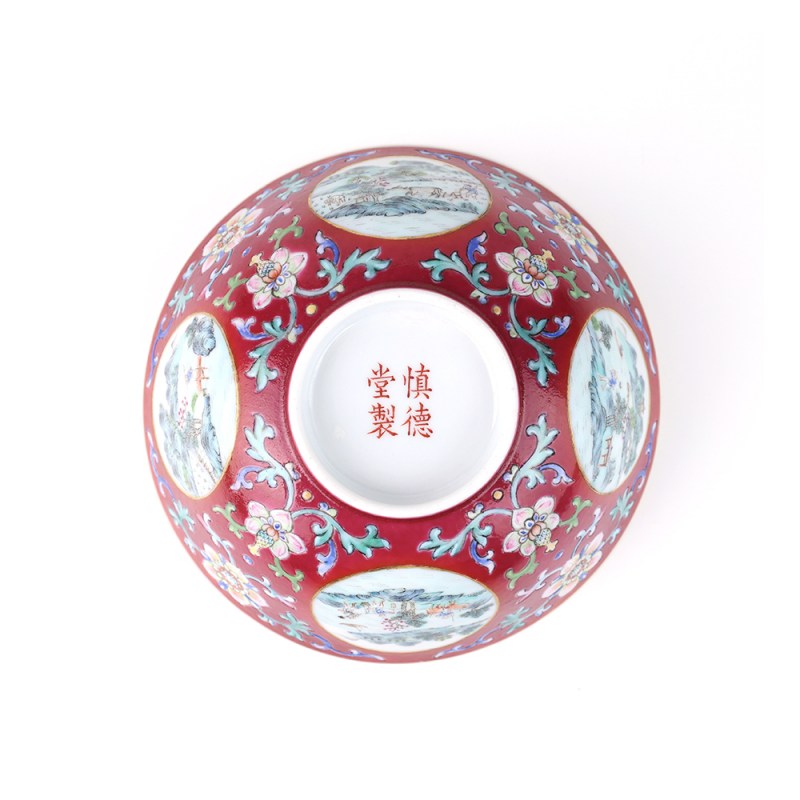 清道光 胭脂红地洋彩开光山水纹碗 - 图4