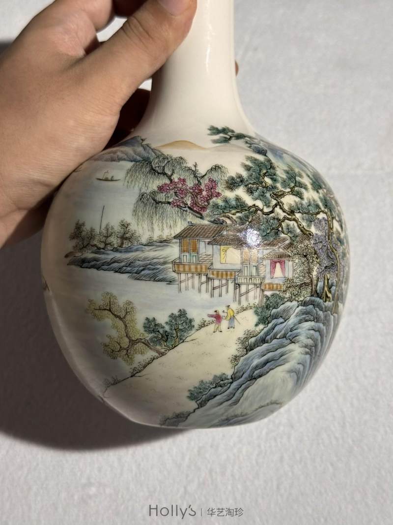 民国 粉彩山水人物天球瓶 - 图25