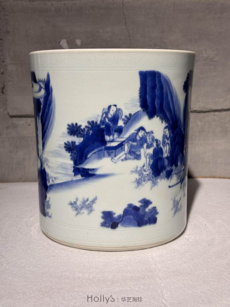 明崇祯 青花文王访贤图大笔海（配鎏金架） - 图15