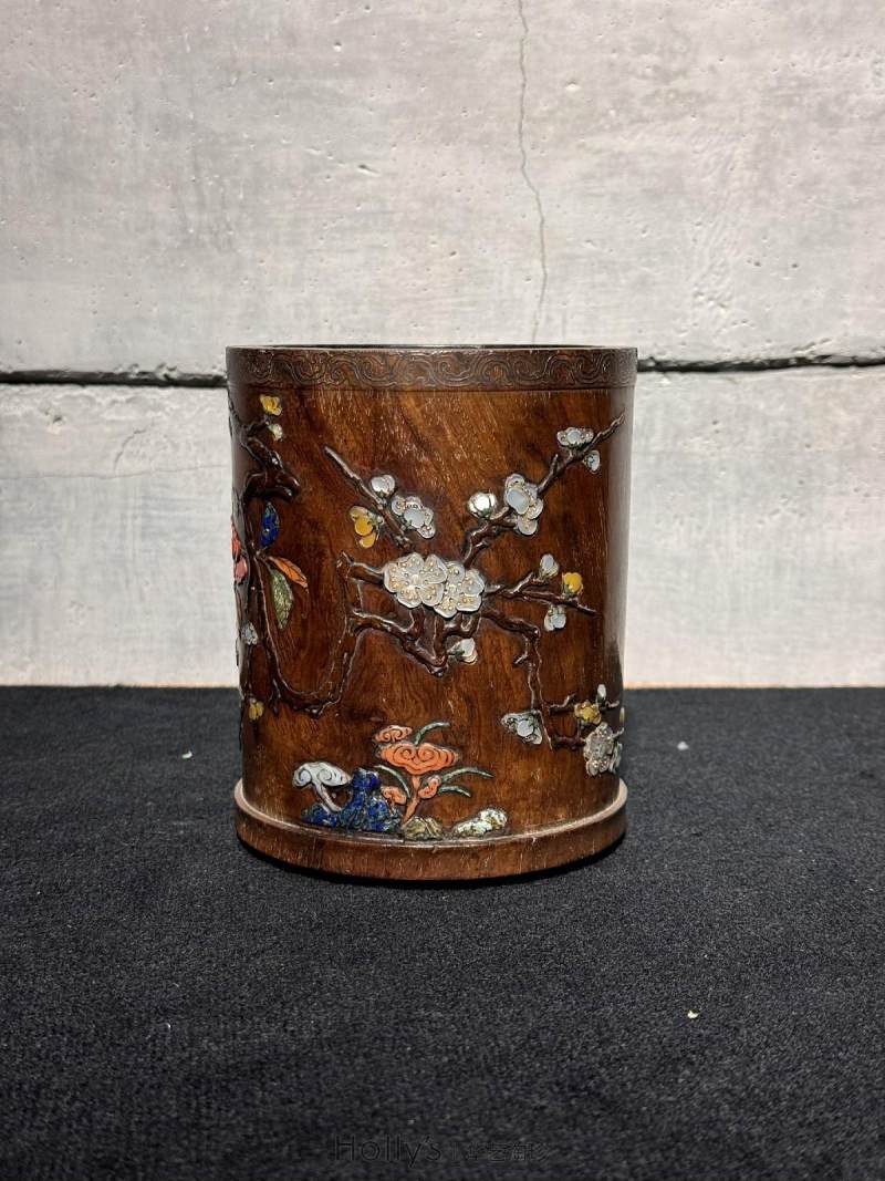 明 黄花梨嵌百宝题诗笔筒 - 图11