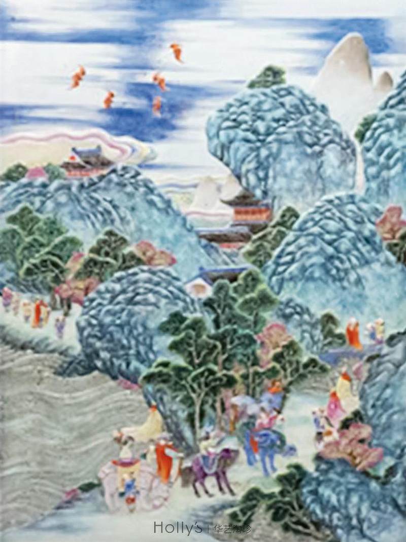 清乾隆 御制洋彩雕瓷「万国来朝」山高水长大挂屏 - 图45