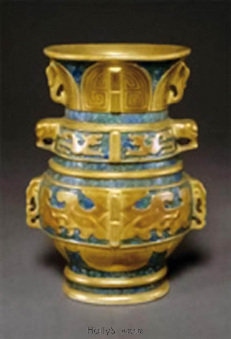 清乾隆 唐窑仿古铜釉描金四开光粉彩四季山水纹小尊 - 图43