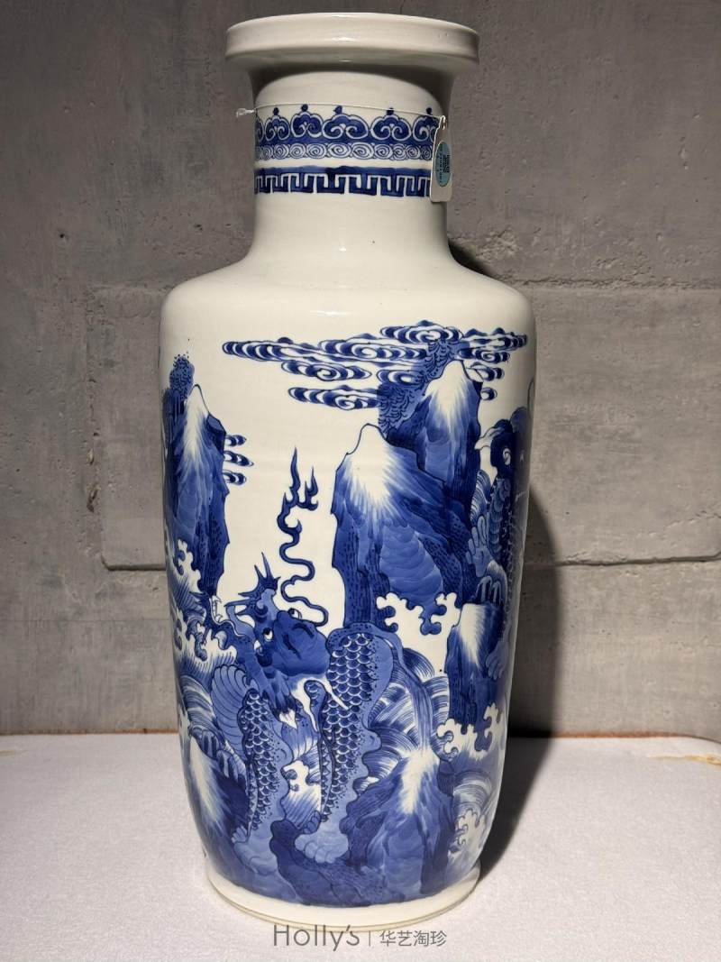 清康熙 青花海水江崖麒麟图棒槌瓶 - 图17