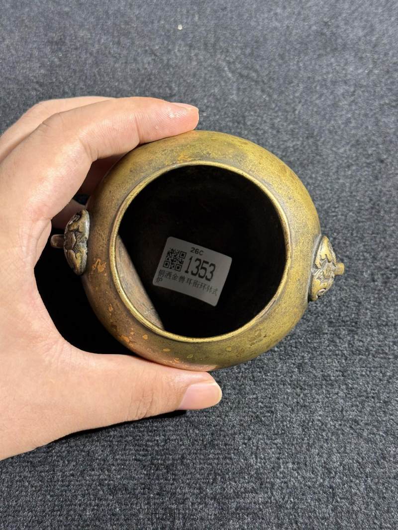 清早期 铜洒金兽耳衔环钵式炉 - 图14