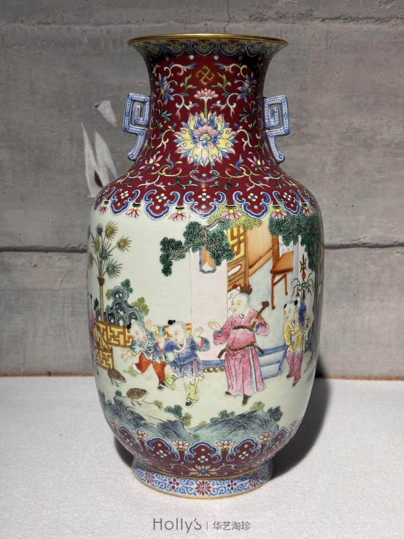清嘉庆 洋红地洋彩缠枝宝相花吉庆如意婴戏图螭耳尊 - 图30