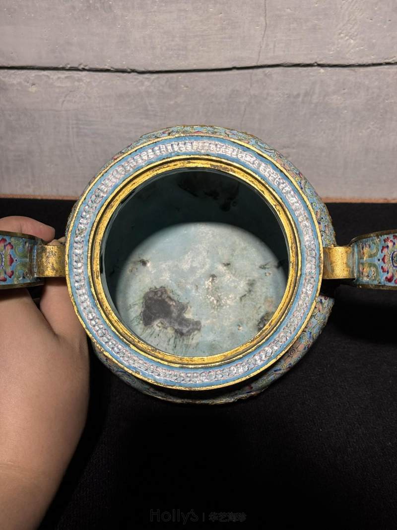 清乾隆 錾胎画珐琅开光瓜果缠枝纹朝冠耳炉 - 图13