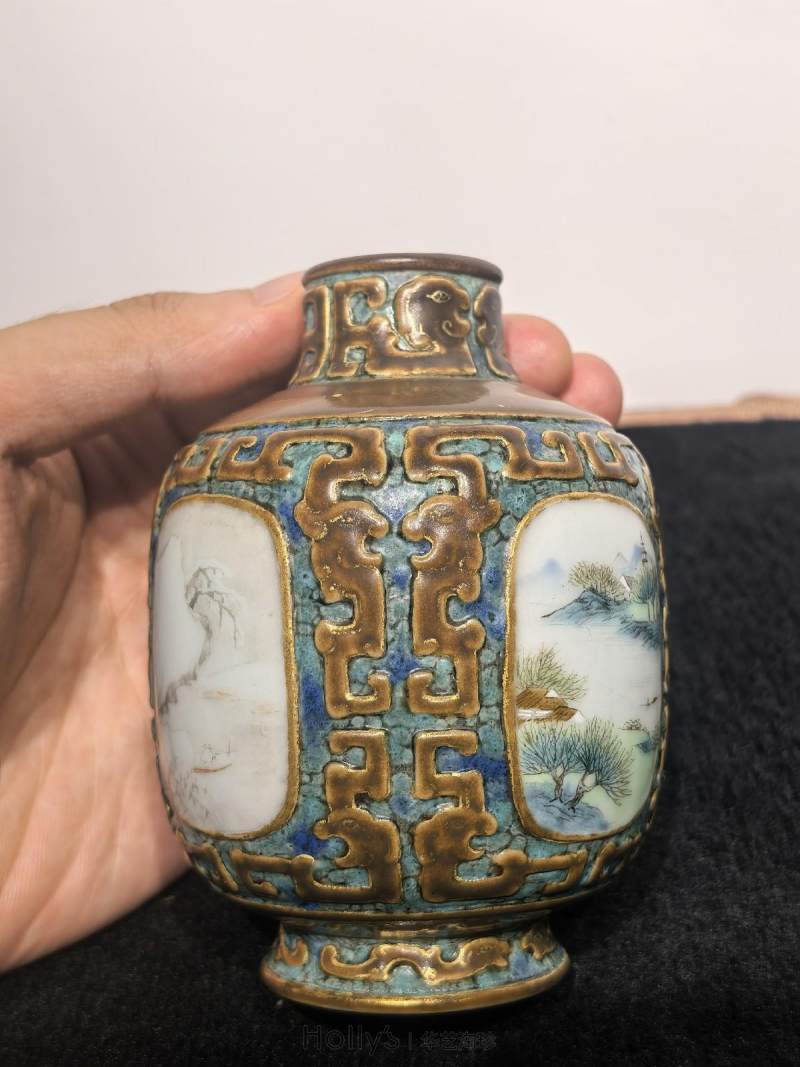 清乾隆 唐窑仿古铜釉描金四开光粉彩四季山水纹小尊 - 图46