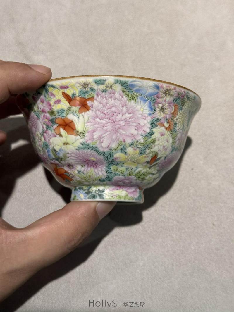 清乾隆 洋彩百花不落地盖碗（配座） - 图16