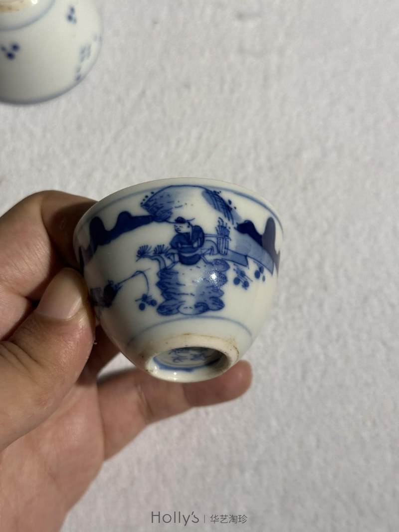 清康熙 青花山水高士垂钓图茶圆 （一对） - 图17