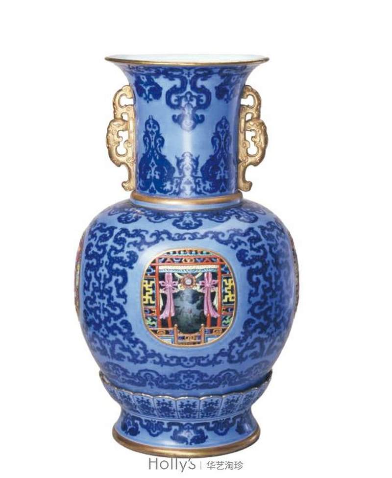 清乾隆 蓝地描金开光镂雕粉彩四季花卉套瓶 - 图46