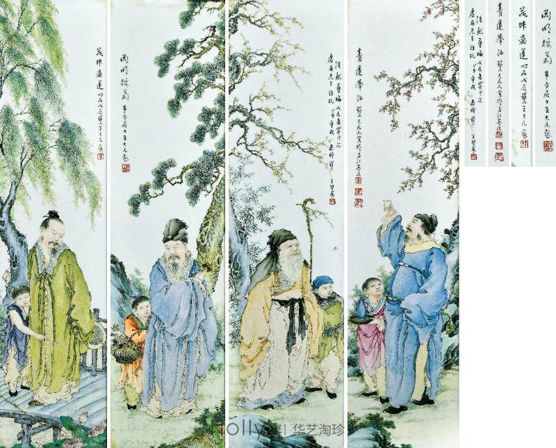 民国 王大凡绘粉彩「四爱图」山水瓷板屏风 （一套六扇） - 图7