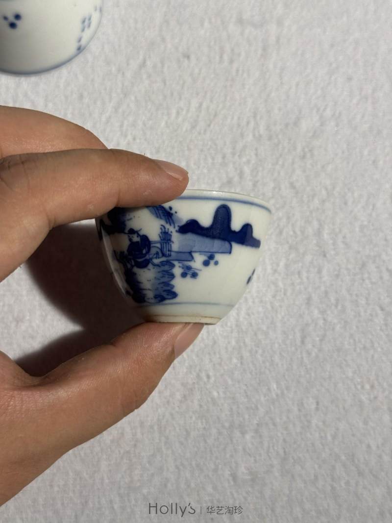 清康熙 青花山水高士垂钓图茶圆 （一对） - 图19