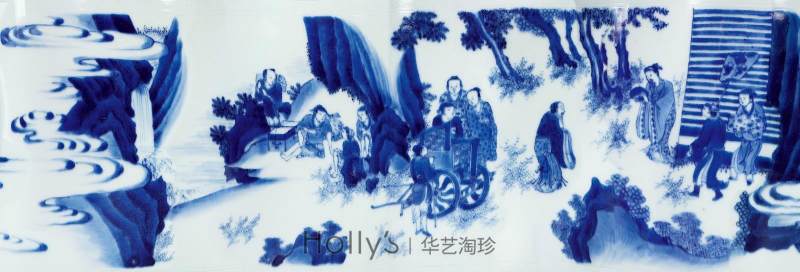 明崇祯 青花文王访贤图大笔海（配鎏金架） - 图12