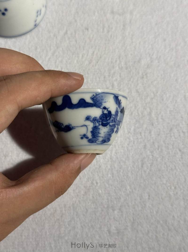 清康熙 青花山水高士垂钓图茶圆 （一对） - 图20