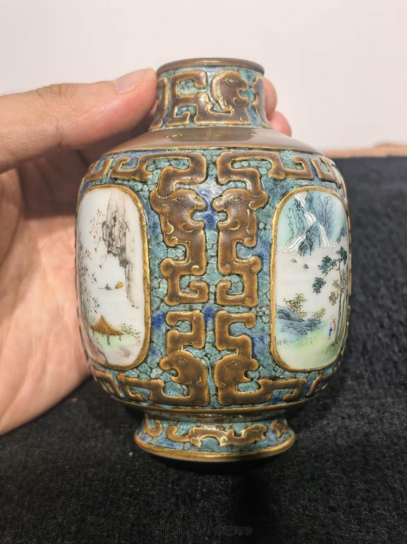 清乾隆 唐窑仿古铜釉描金四开光粉彩四季山水纹小尊 - 图50