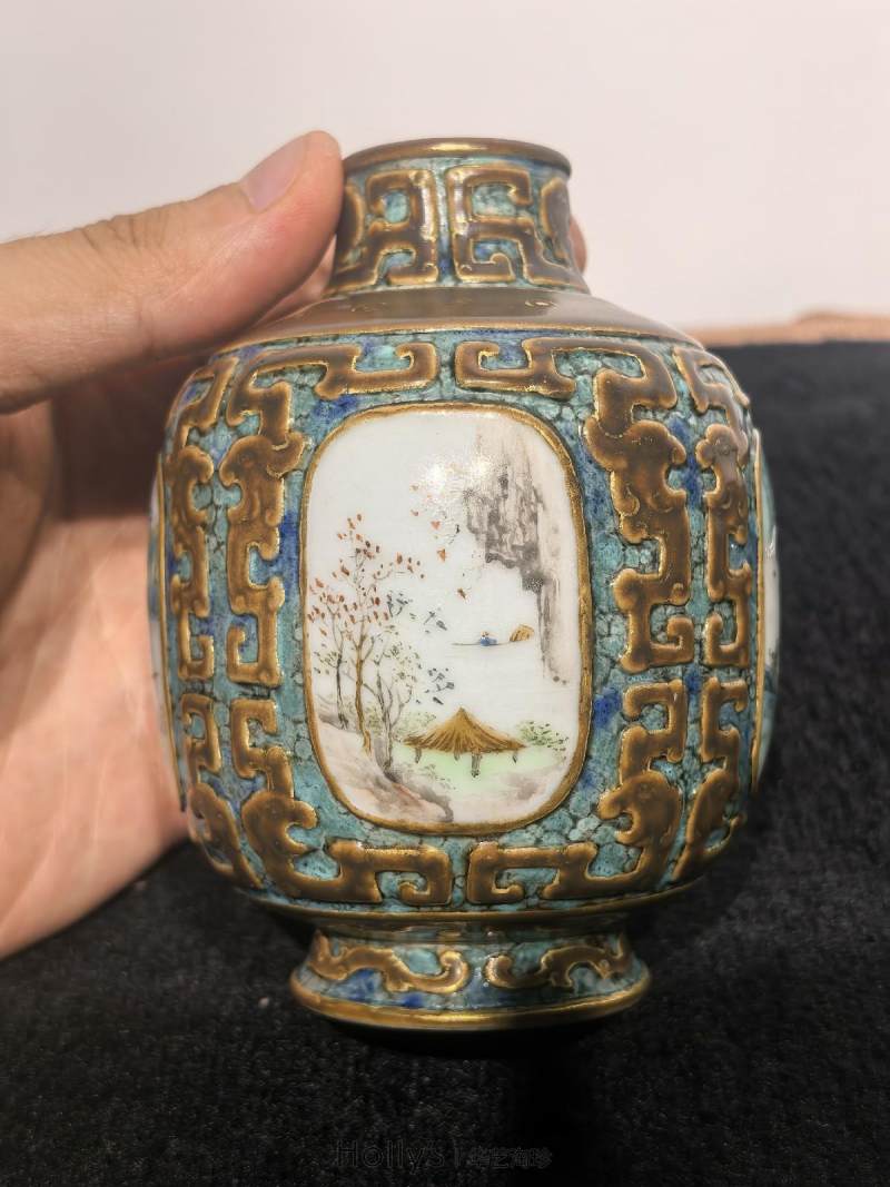清乾隆 唐窑仿古铜釉描金四开光粉彩四季山水纹小尊 - 图51