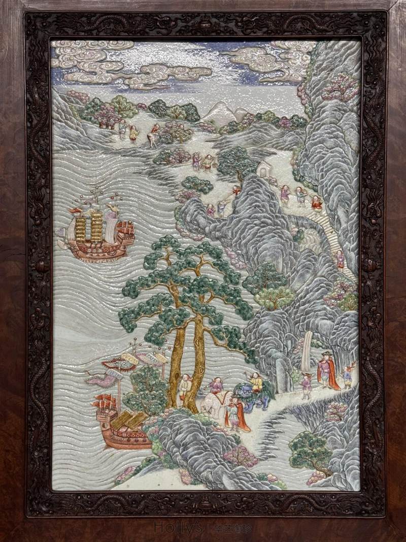 清乾隆 御制洋彩雕瓷「万国来朝」山高水长大挂屏 - 图56