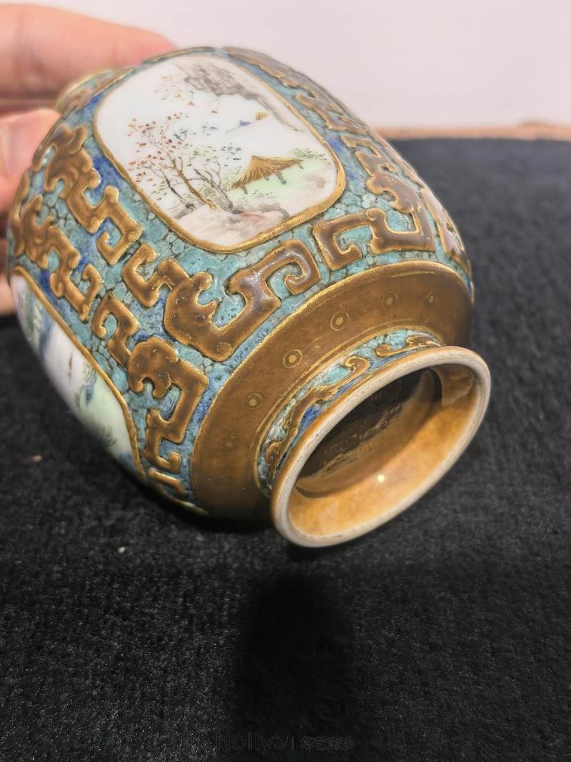 清乾隆 唐窑仿古铜釉描金四开光粉彩四季山水纹小尊 - 图53
