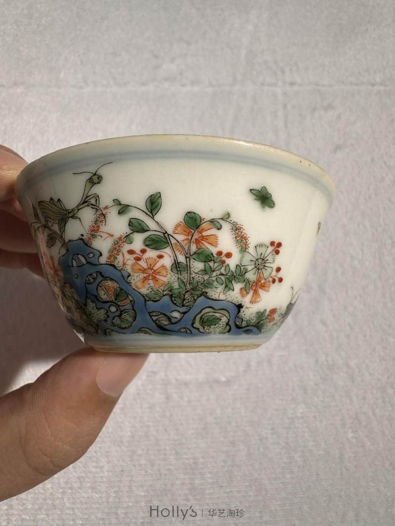 清康熙 五彩花石虫草纹杯 - 图12