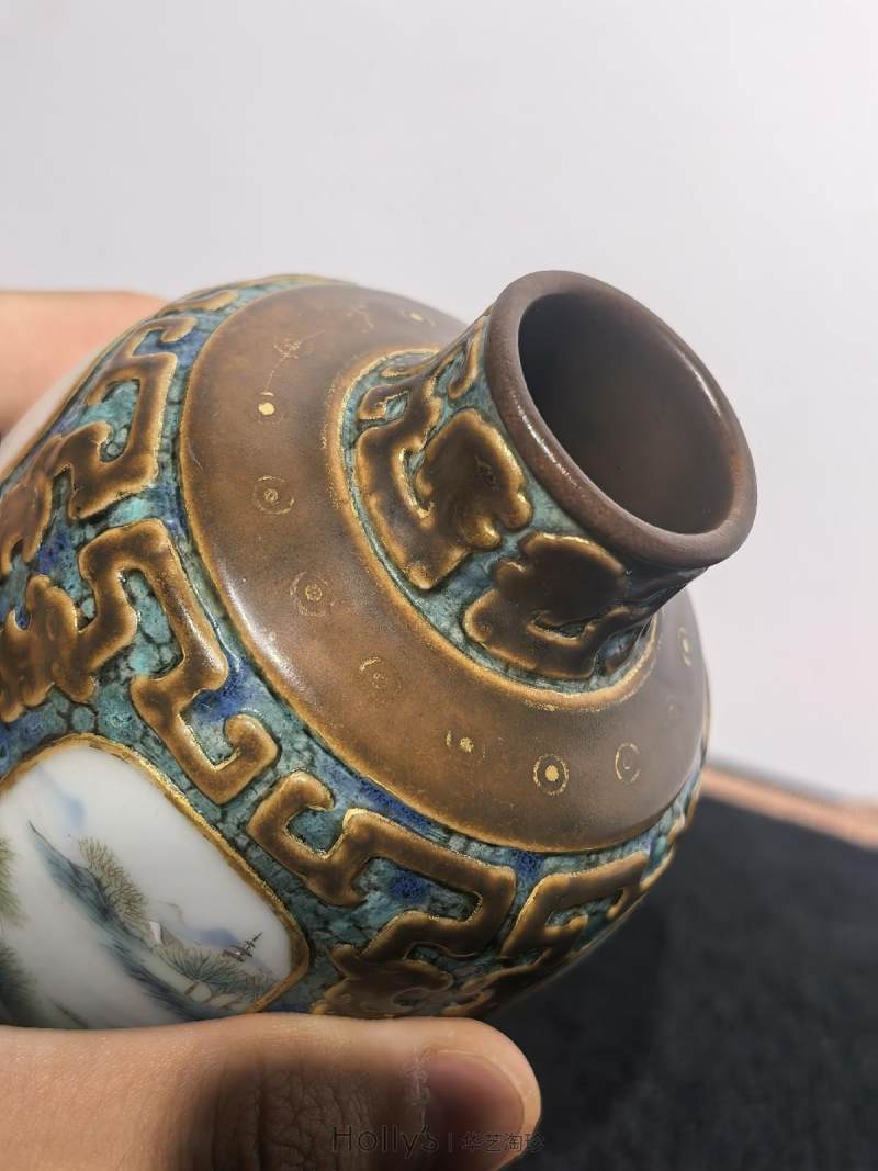 清乾隆 唐窑仿古铜釉描金四开光粉彩四季山水纹小尊 - 图54