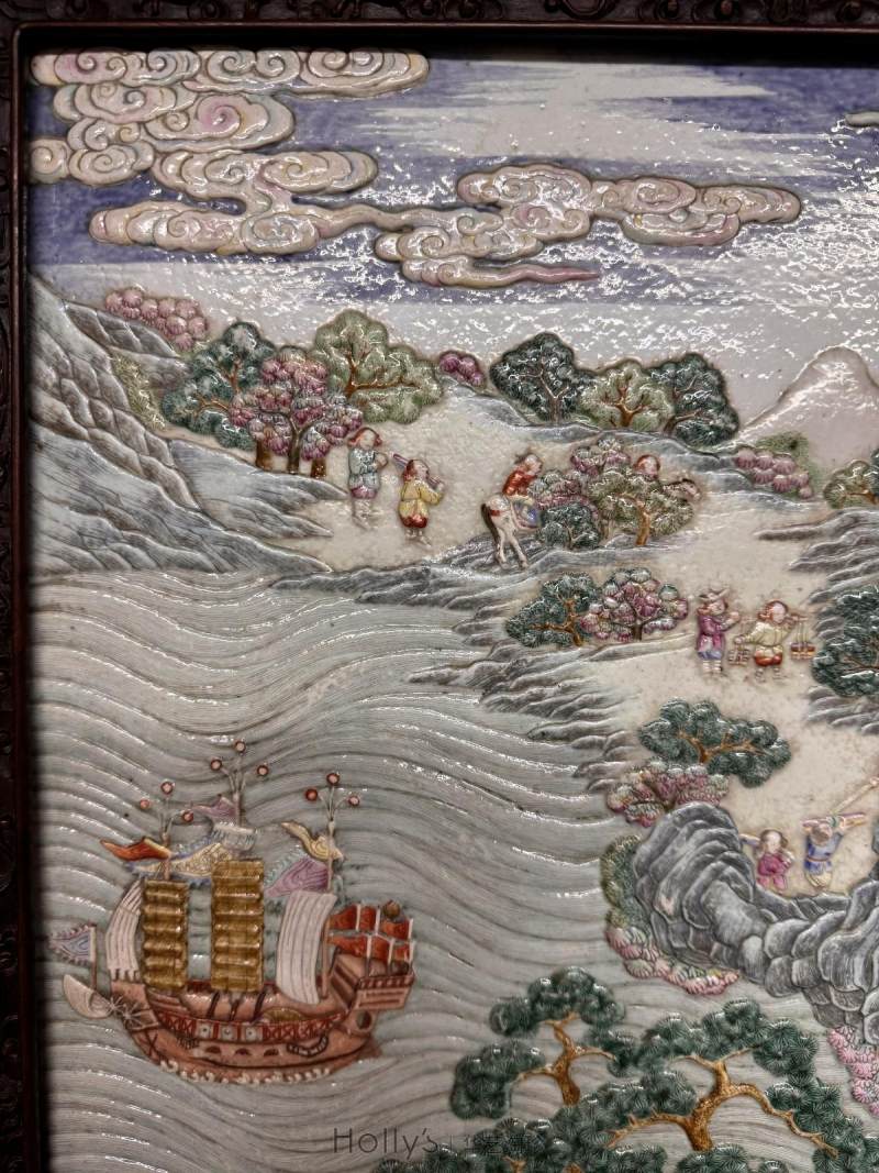 清乾隆 御制洋彩雕瓷「万国来朝」山高水长大挂屏 - 图58