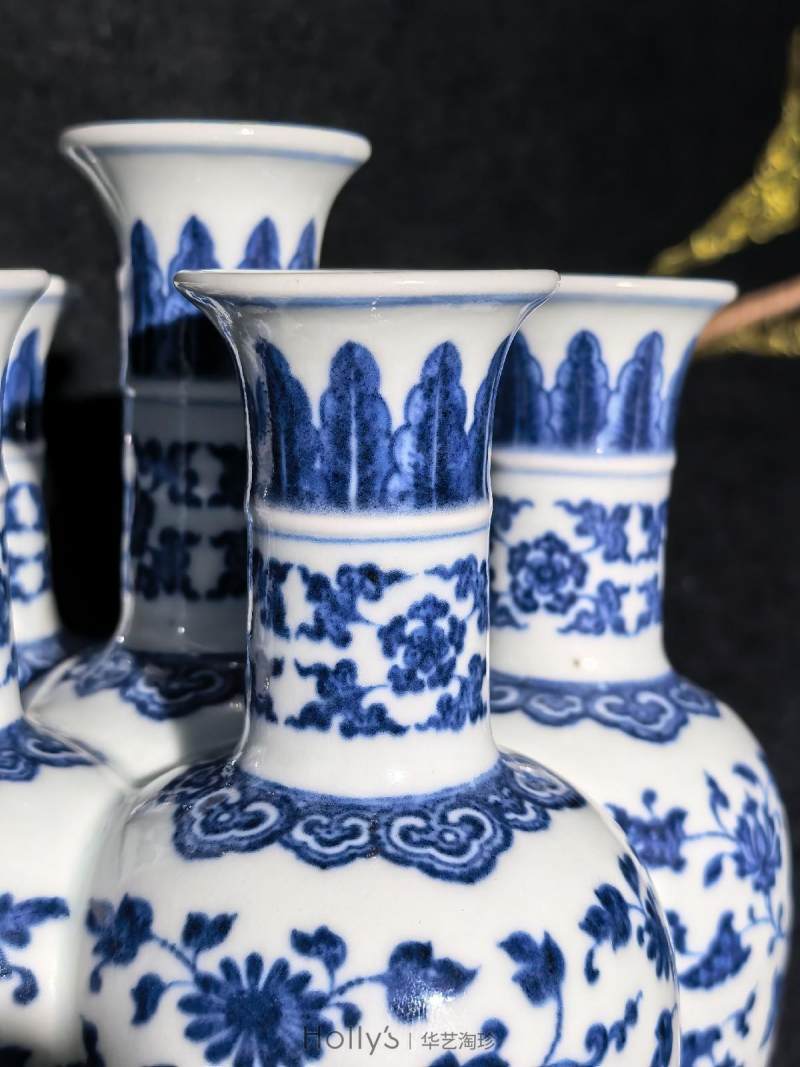 清乾隆 唐窑青花缠枝花卉纹六孔瓶（配座） - 图60
