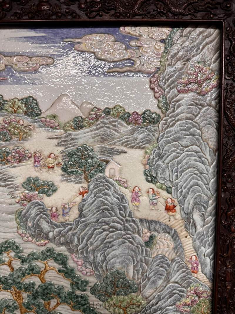 清乾隆 御制洋彩雕瓷「万国来朝」山高水长大挂屏 - 图59
