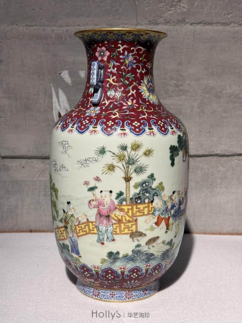 清嘉庆 洋红地洋彩缠枝宝相花吉庆如意婴戏图螭耳尊 - 图31