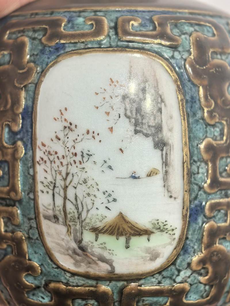 清乾隆 唐窑仿古铜釉描金四开光粉彩四季山水纹小尊 - 图57