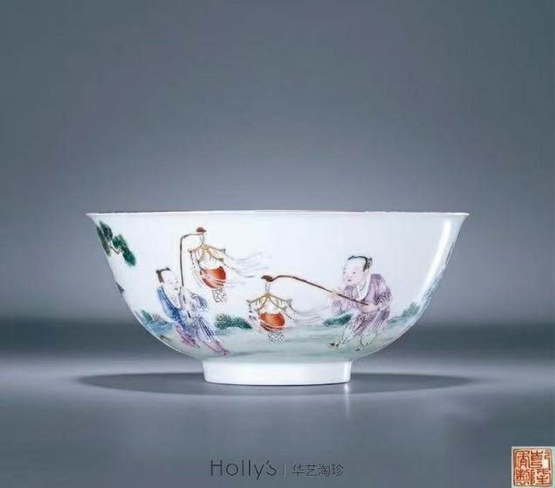 清道光 粉彩百子图大碗 - 图13