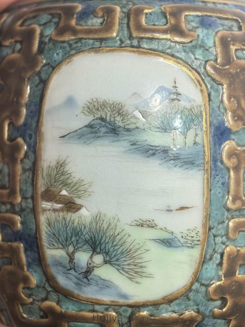 清乾隆 唐窑仿古铜釉描金四开光粉彩四季山水纹小尊 - 图58