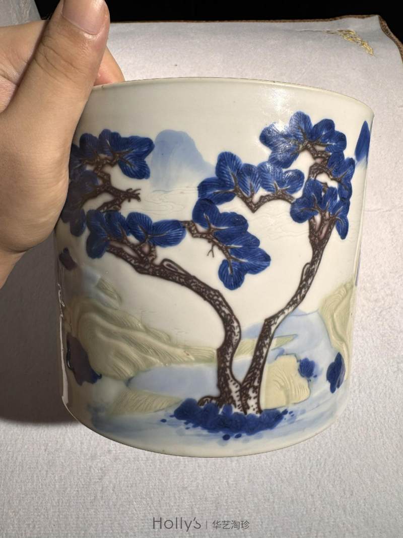 清康熙 釉下三彩山水纹笔筒 - 图23