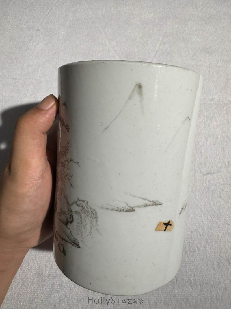 清康熙 墨彩山水人物图笔筒 - 图14