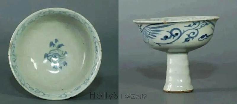 元 青花内堆塑龙纹外凤纹高足杯 - 图28