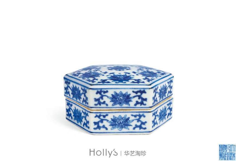 清乾隆 青花缠枝莲纹六角印泥盒 - 图8