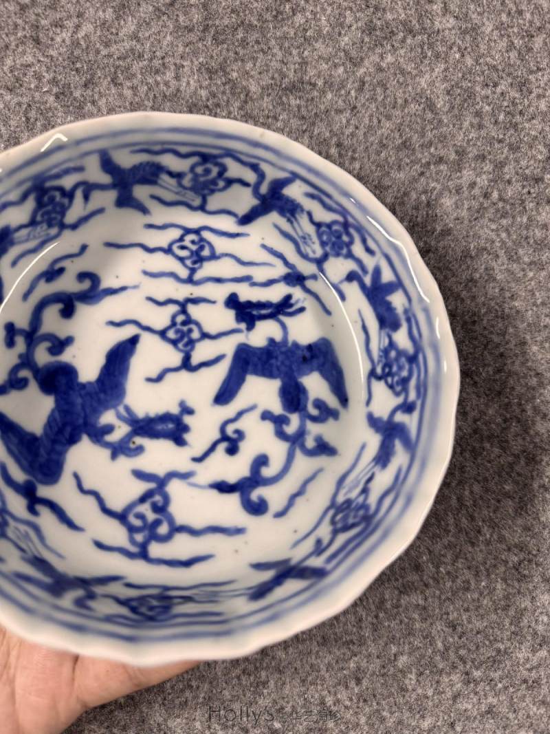明嘉靖 青花双凤云鹤海棠洗 （一对） - 图34